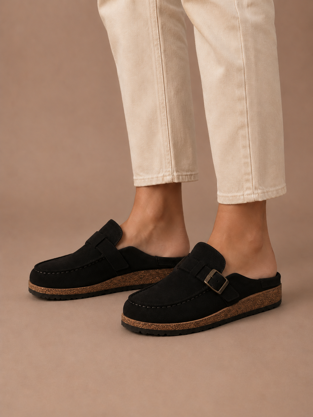Women's Suede Mule Clogs – Buckle Detail Slip-On | Sorteva