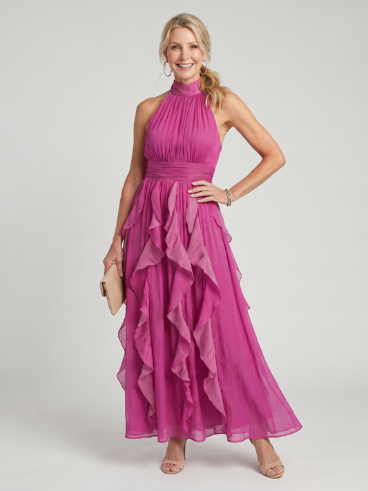 Orea | High Neck Gathered Ruffle Layers Maxi Dress