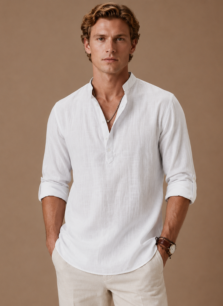 Men's Grandad Collar Linen Style Shirt – Relaxed Casual Fit | Sorteva