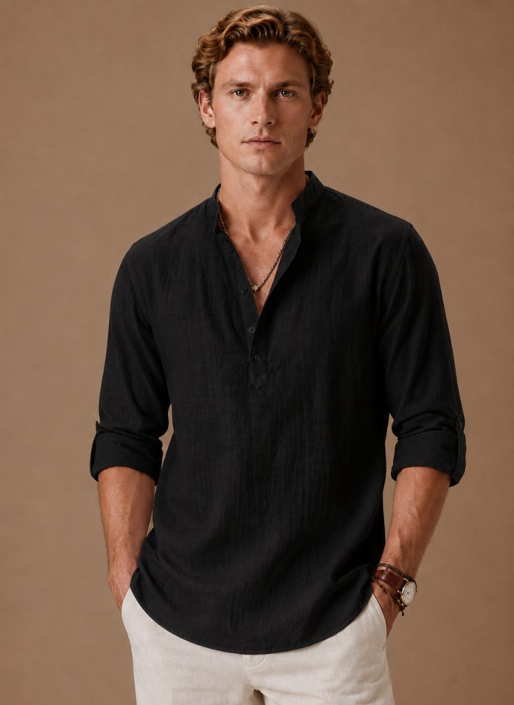 Men's Grandad Collar Linen Style Shirt – Relaxed Casual Fit | Sorteva