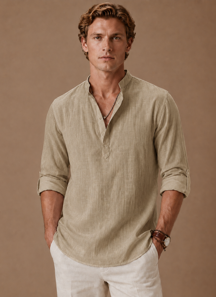 Men's Grandad Collar Linen Style Shirt – Relaxed Casual Fit | Sorteva