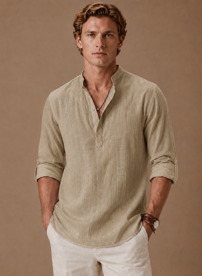 Men's Grandad Collar Linen Style Shirt – Relaxed Casual Fit | Sorteva