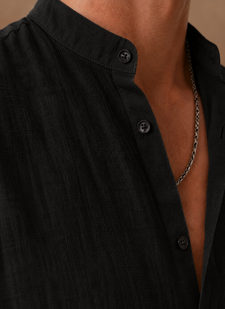 Men's Grandad Collar Linen Style Shirt – Relaxed Casual Fit | Sorteva