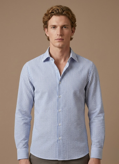 Men's Seersucker Striped Shirt – Breathable Summer Linen | Sorteva