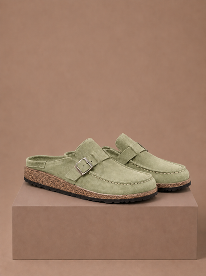 Women's Suede Mule Clogs – Buckle Detail Slip-On | Sorteva