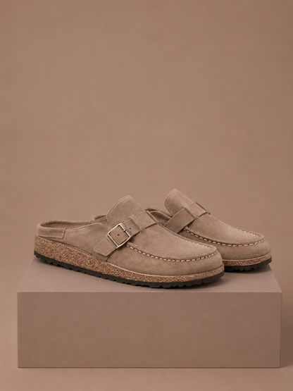 Women's Suede Mule Clogs – Buckle Detail Slip-On | Sorteva