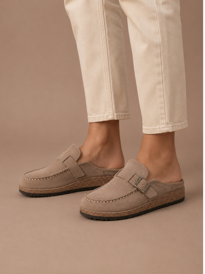 Women's Suede Mule Clogs – Buckle Detail Slip-On | Sorteva