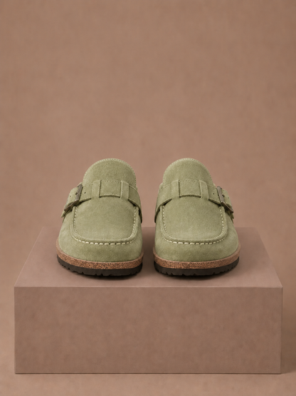Women's Suede Mule Clogs – Buckle Detail Slip-On | Sorteva