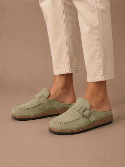Women's Suede Mule Clogs – Buckle Detail Slip-On | Sorteva