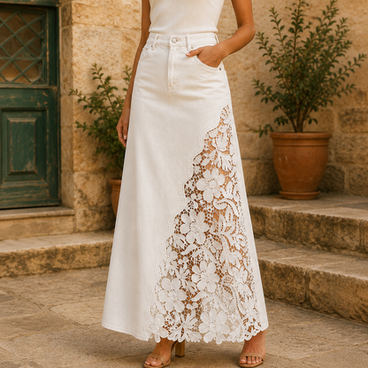 Solenne™ Lace Denim Maxi Skirt
