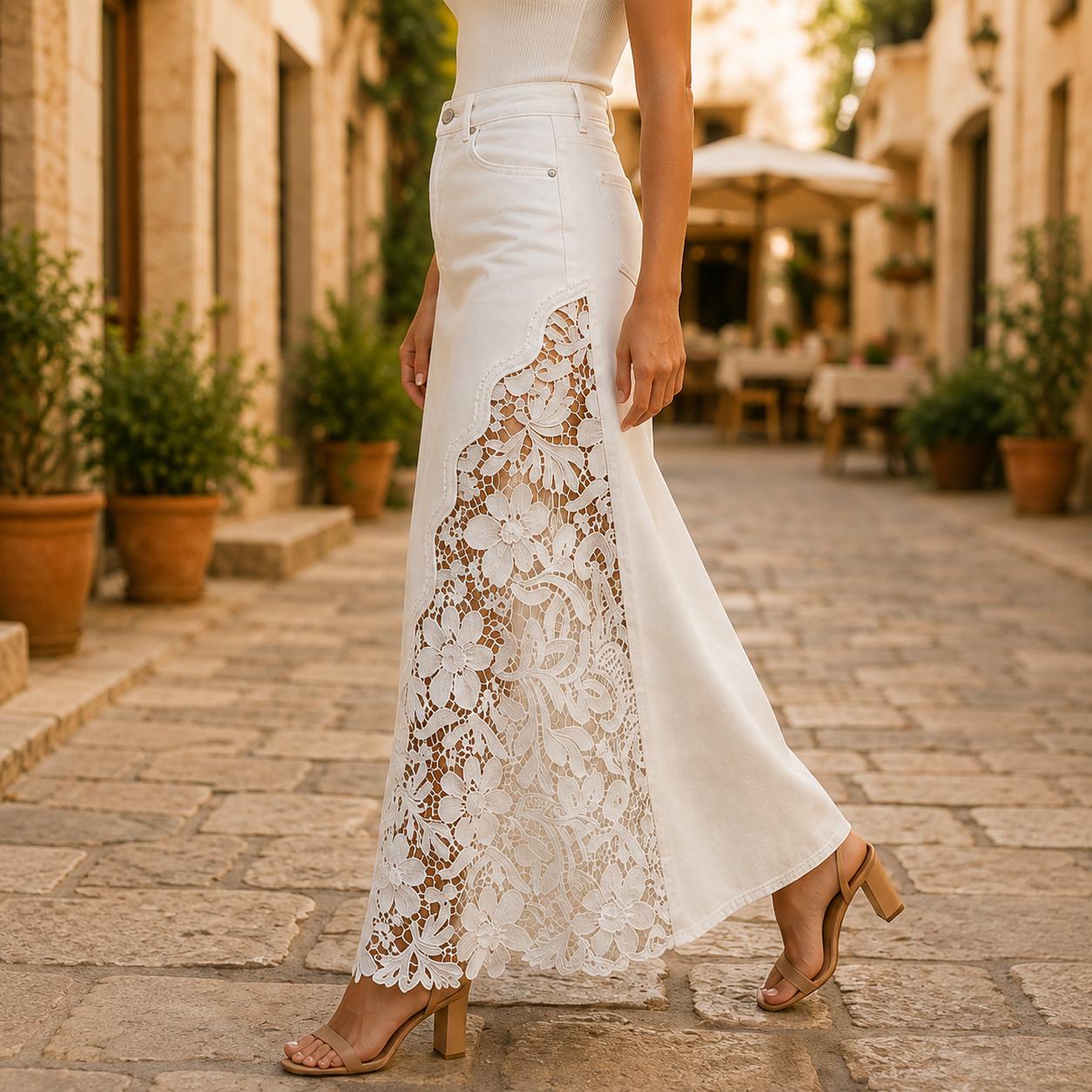 Solenne™ Lace Denim Maxi Skirt