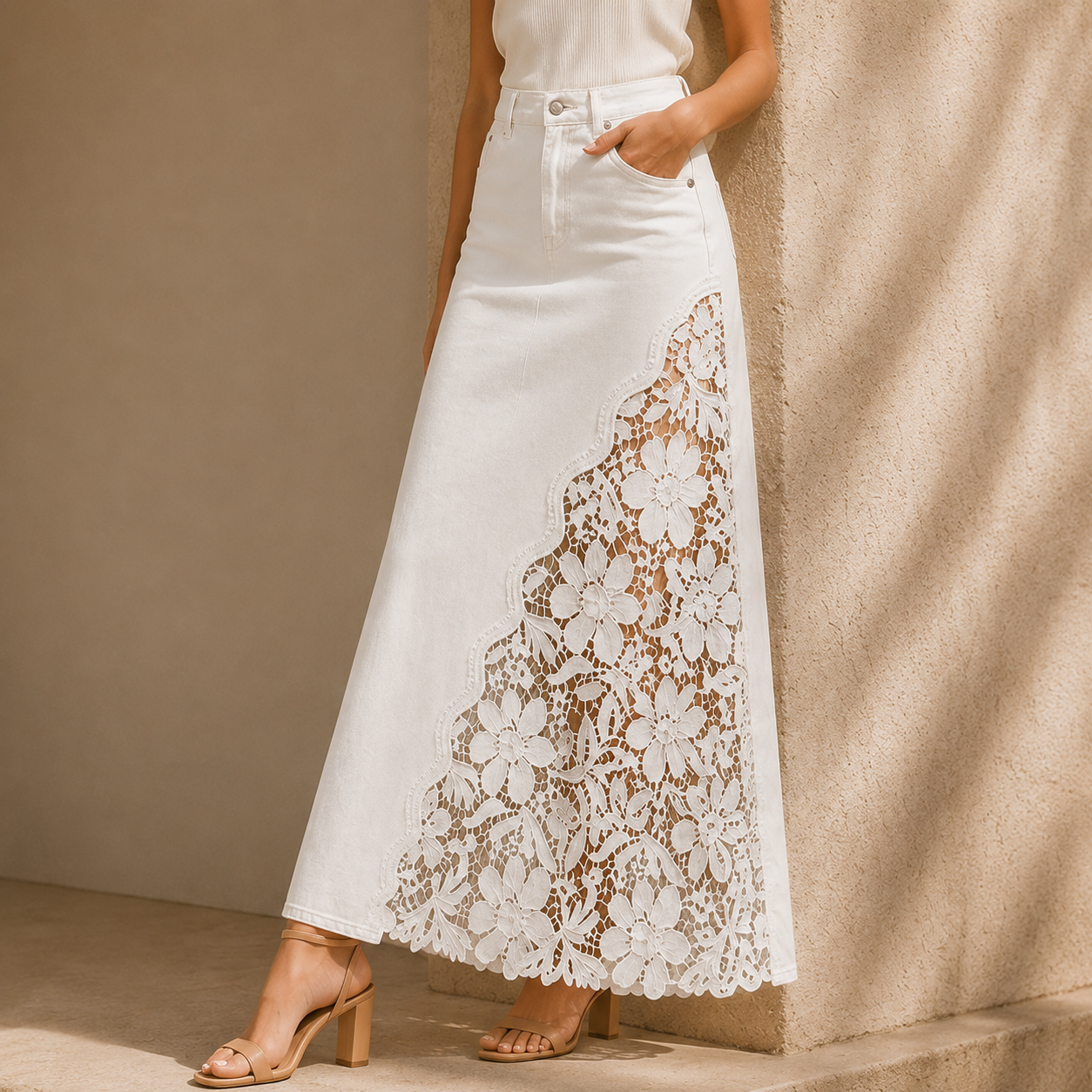 Solenne™ Lace Denim Maxi Skirt