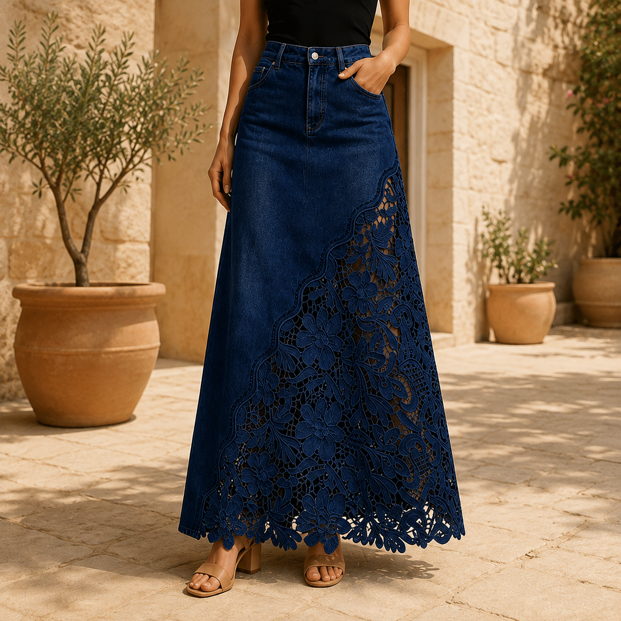 Solenne™ Lace Denim Maxi Skirt