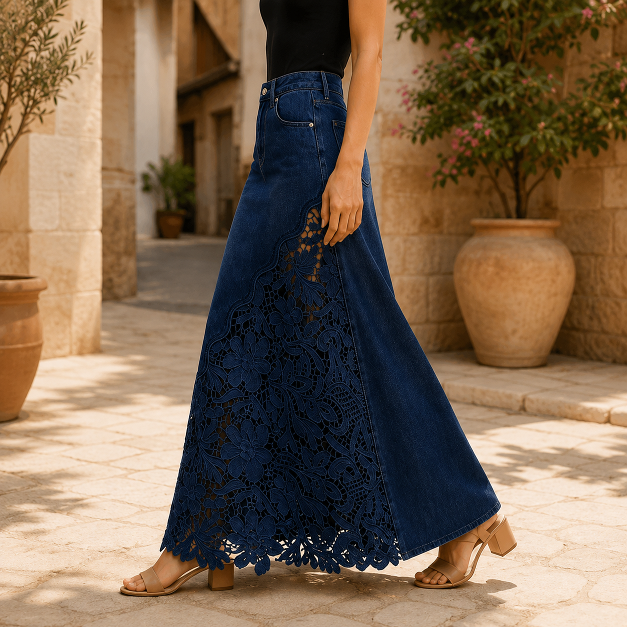 Solenne™ Lace Denim Maxi Skirt