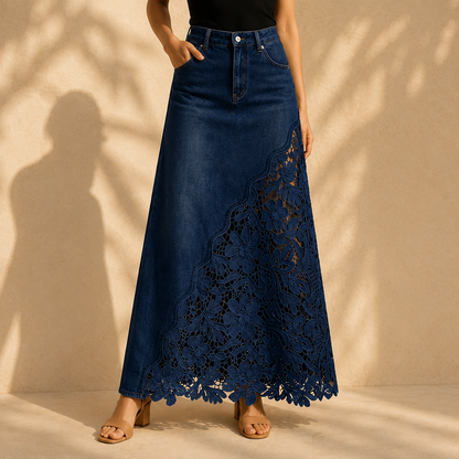 Solenne™ Lace Denim Maxi Skirt