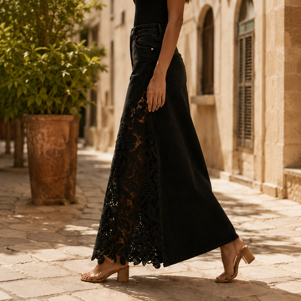 Solenne™ Lace Denim Maxi Skirt
