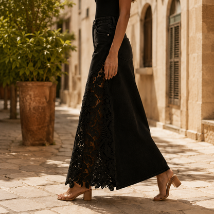 Solenne™ Lace Denim Maxi Skirt