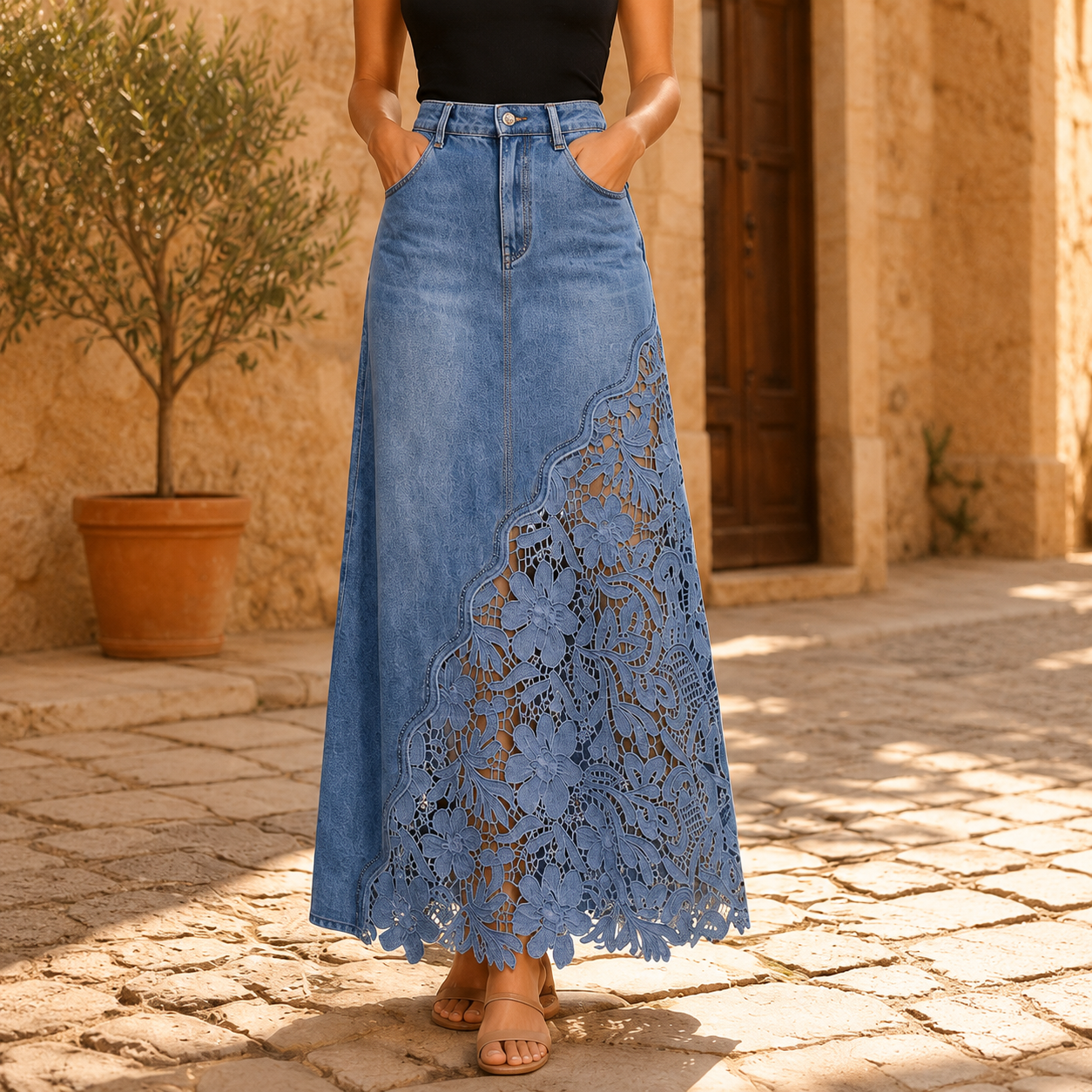 Solenne™ Lace Denim Maxi Skirt