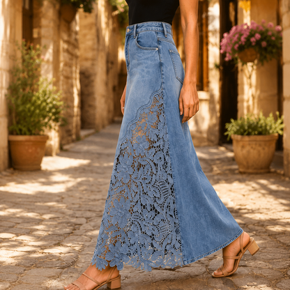 Solenne™ Lace Denim Maxi Skirt