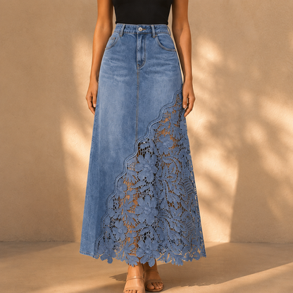 Solenne™ Lace Denim Maxi Skirt