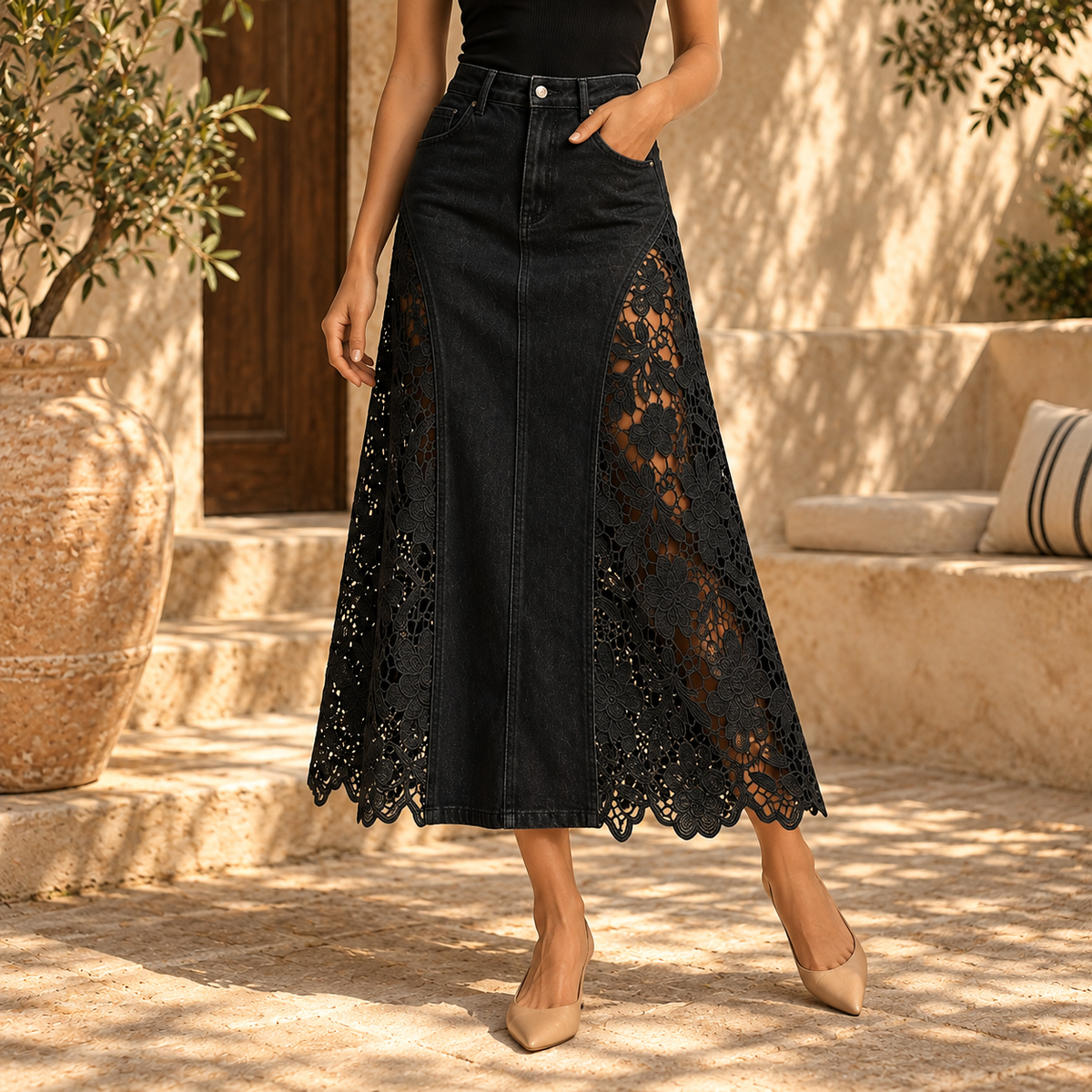 Paloma Lace Denim Maxi Skirt