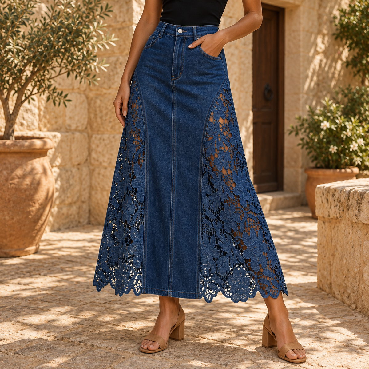 Paloma Lace Denim Maxi Skirt