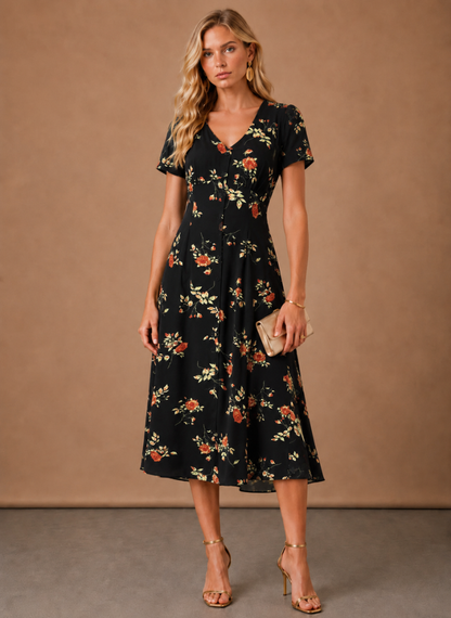 Women's Floral Midi Dress – Button Front Short Sleeve | Sorteva