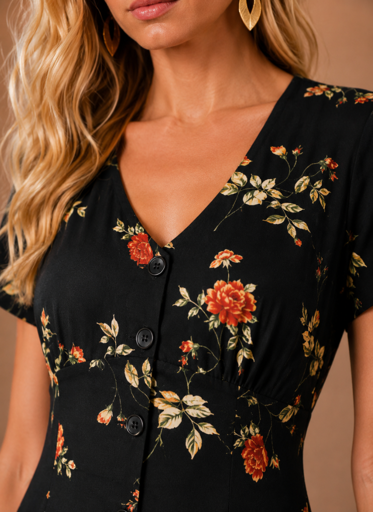 Women's Floral Midi Dress – Button Front Short Sleeve | Sorteva