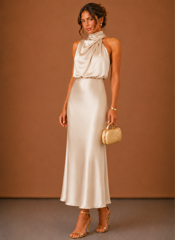 Women's Satin Halter Maxi Dress – Elegant Wedding Guest | Sorteva