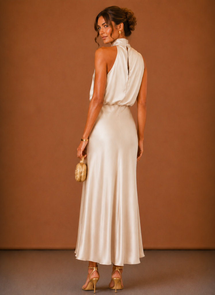 Women's Satin Halter Maxi Dress – Elegant Wedding Guest | Sorteva