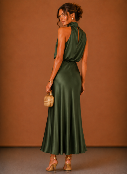 Women's Satin Halter Maxi Dress – Elegant Wedding Guest | Sorteva