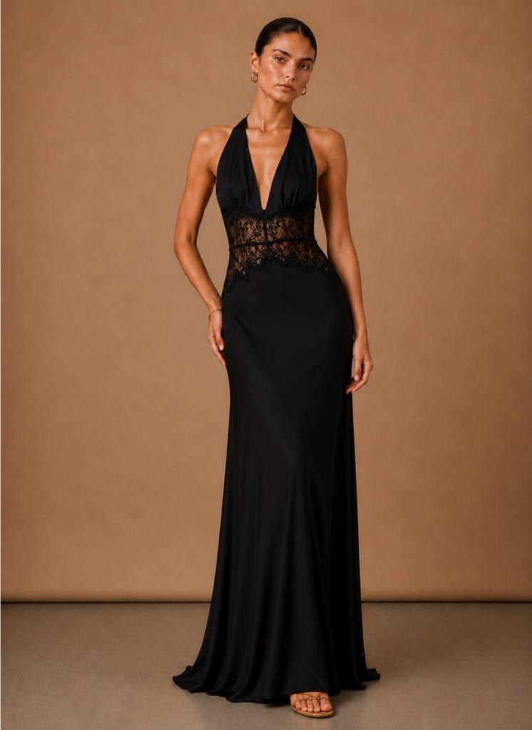 Women’s Satin Halter Maxi Dress – Elegant Wedding Guest | Sorteva