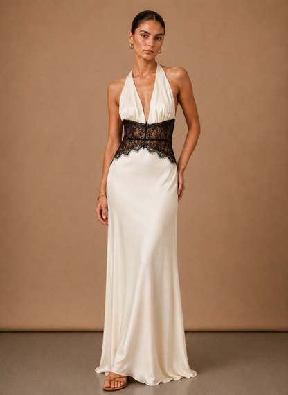 Women’s Satin Halter Maxi Dress – Elegant Wedding Guest | Sorteva