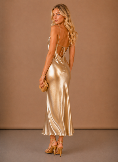 Women’s Satin Cowl Neck Midi Dress – Elegant Evening Occasion | Sorteva