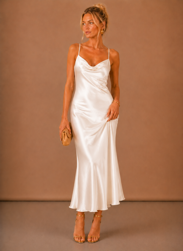 Women’s Satin Cowl Neck Midi Dress – Elegant Evening Occasion | Sorteva
