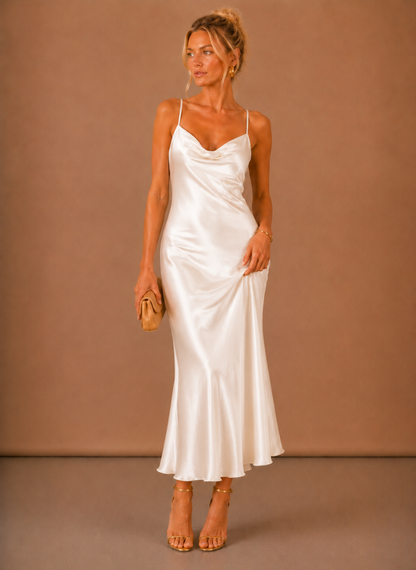 Women’s Satin Cowl Neck Midi Dress – Elegant Evening Occasion | Sorteva
