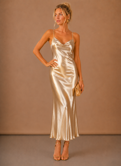 Women’s Satin Cowl Neck Midi Dress – Elegant Evening Occasion | Sorteva