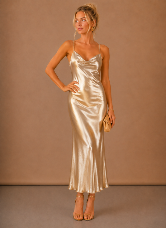 Women’s Satin Cowl Neck Midi Dress – Elegant Evening Occasion | Sorteva