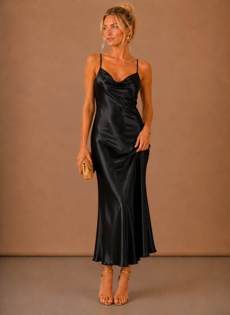 Women’s Satin Cowl Neck Midi Dress – Elegant Evening Occasion | Sorteva