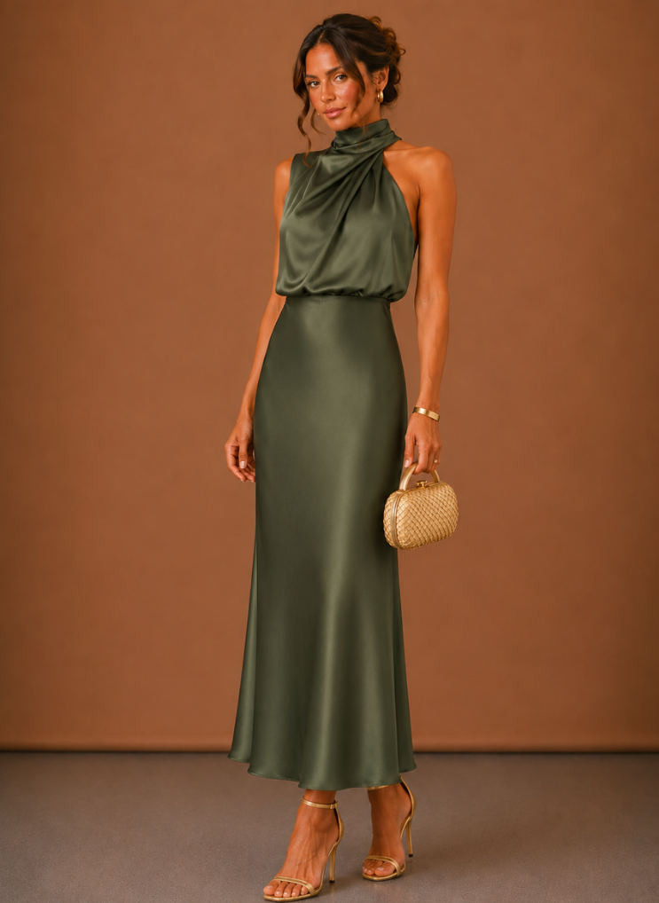 Women's Satin Halter Maxi Dress – Elegant Wedding Guest | Sorteva